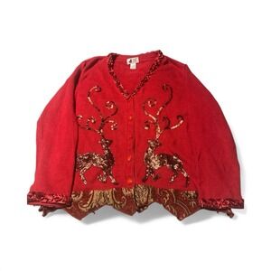 JTWO Newyork Christmas Sweater Button Up Red Cotton‎ Ramie Sz Large Lots Sequins